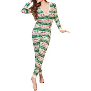 Women's Christmas Pajamas Jumpsuit Plaid Santa Print Long Sleeve V-Neck Slim Fit Romper Bodysuit One Piece Outfit