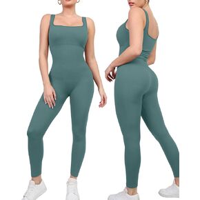Popilush Light Green Jumpsuits for Women Bodycon Bodysuits Square Neck Sleeveless Tummy Control Rompers Ribbed Jumpsuit L