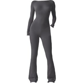 Triplewood Full Length Long Sleeve Flare Jumpsuit for Women One Piece Rompers Yoga Sleeveless Backless Bodycon