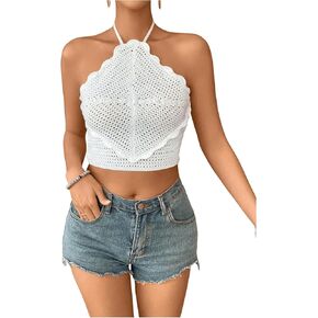 SHENHE Women's Hollow Out Knitted Crochet Halter Top Backless Scalloped Boho Crop Top