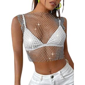 Iridescent Rhinestone Crop Top, Rave Concert Festival Outfits Women, Sexy Sparkly Fishnet Tanks, Sheer Mesh Shirt