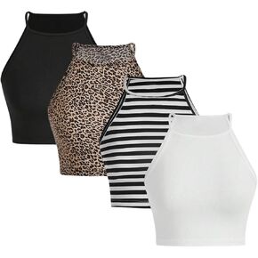 OYOANGLE Women's 4 Pack Leopard Print Crew Neck Cami Top Striped Sleeveless Crop Tank Tops