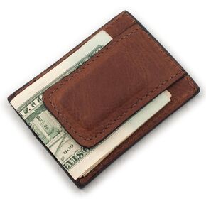 Brown Genuine Cowhide Leather Magnetic Money Clip 3 Card Wallet USA Handmade