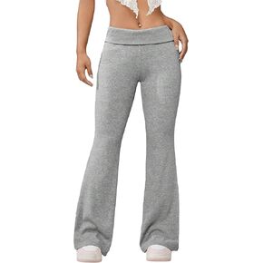 WDIRARA Women's Elastic Low Waist Flare Bell Bottom Pants Casual Stretch Long Pants