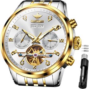 OUPINKE Watches for Men Automatic Luxury Big Dial Mechanical Stainless Steel Mens Watch Waterproof Calendar Male Wristwatch