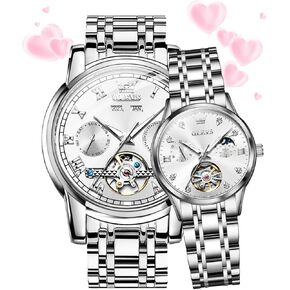 OLEVS Couple Watches Men and Women Automatic His and Her Set Watch Mechanical Tow Tone Stainless Steel Waterproof Luminous Date Wrist Watches