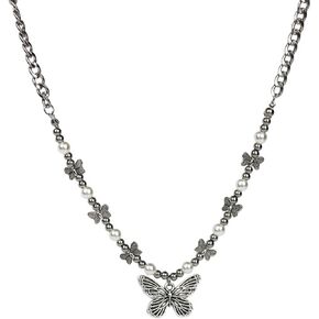 Punk Vintage Butterfly Pearl Pendant Choker Necklace Personality Gothic Hip Hop Party Jewelry for Women