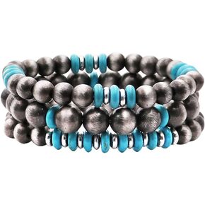 Rosemarie & Jubalee Women's Set of 3 Western Metallic Bead And Howlite Stone Stretch Bracelets, 6.75"