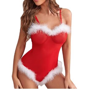 Christmas Lingerie for Women Santa Bodysuit Red Lingerie Floral One Piece Babydoll Furry Trim V Neck Chemise