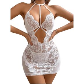 GORGLITTER Women's 2 Piece Floral Lace Lingerie Set Cut Out Strappy Halter Chemise with Thong Sexy Sets