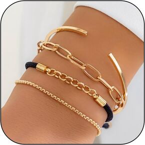 4Pcs Layered Metal Geometric Bracelets Set for Women, Sweet Red Rope Wide Band Bangles Paperclip Chain Bracelets Punk Hip Hop Hand Wrist Jewelry