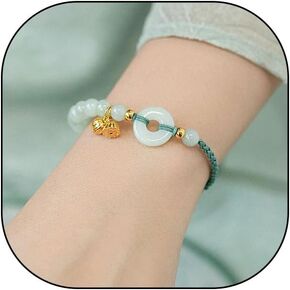 RTY Chinese Style Jade Bangle Bracelet for Women White Jade Stones Bead Hand Woven Bracelet Ping An Buckle Lucky Bracelet Birthday Ladies BFF Jewelry Gift