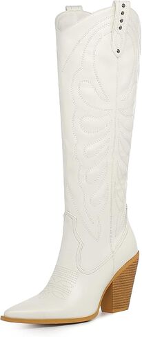 SEIFIN Women's Embroidered Cowgirl Boots Knee High Medium Stacked Chunky Heel Western Cowboy Tall Boots Studded Pointed Toe Shoes in Saudi Arabia
