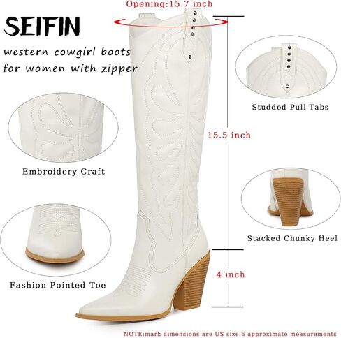 SEIFIN Women's Embroidered Cowgirl Boots Knee High Medium Stacked Chunky Heel Western Cowboy Tall Boots Studded Pointed Toe Shoes in Saudi Arabia