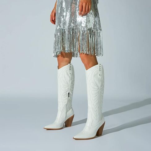 SEIFIN Women's Embroidered Cowgirl Boots Knee High Medium Stacked Chunky Heel Western Cowboy Tall Boots Studded Pointed Toe Shoes in Saudi Arabia