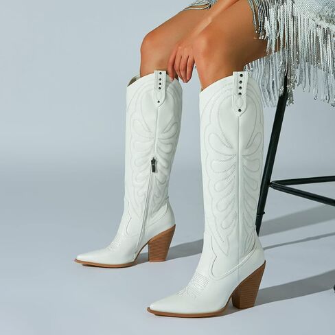 SEIFIN Women's Embroidered Cowgirl Boots Knee High Medium Stacked Chunky Heel Western Cowboy Tall Boots Studded Pointed Toe Shoes in Saudi Arabia