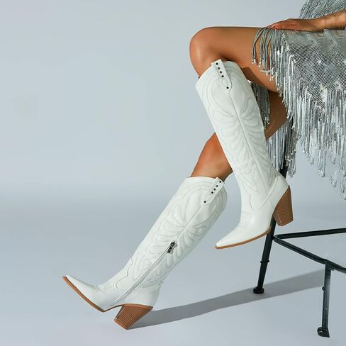 SEIFIN Women's Embroidered Cowgirl Boots Knee High Medium Stacked Chunky Heel Western Cowboy Tall Boots Studded Pointed Toe Shoes in Saudi Arabia