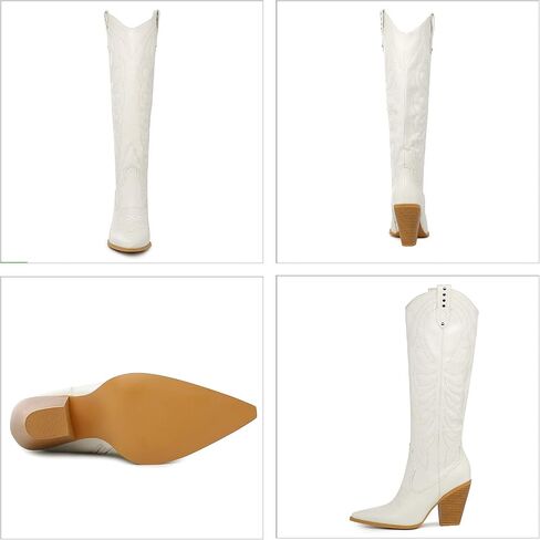 SEIFIN Women's Embroidered Cowgirl Boots Knee High Medium Stacked Chunky Heel Western Cowboy Tall Boots Studded Pointed Toe Shoes in Saudi Arabia