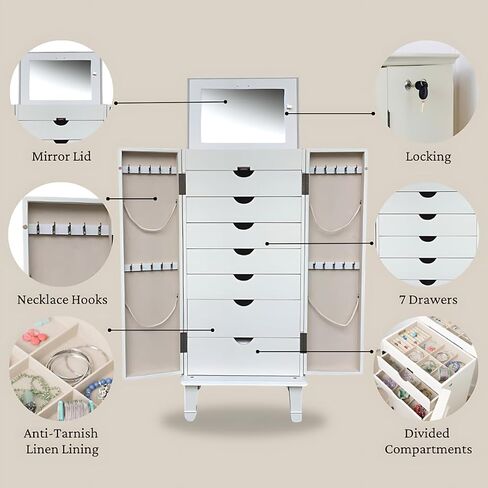 Hives and Honey Casey Fully Locking Jewelry Armoire – Wood Cabinet with Mirror, 7 Storage Drawers, Necklace Hooks, Anti-Tarnish Lining, Divided Compartments in Saudi Arabia