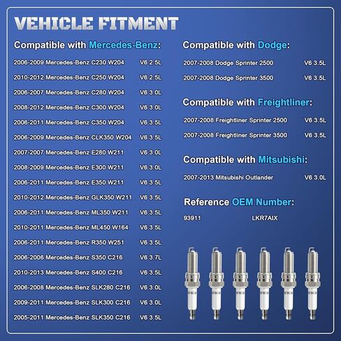 إيريديوم البلاتين شمعات الإشعال 6 حزمة 93911 LKR7AIX يناسب مرسيدس بنز E350 ML350 R350 C230 C250 C280 C300 C350 CLK350 GLK350 SLK350 وميتسوبيشي أوتلاندر 2006 2007 2008 2009 2010 2011 V6 3.0 لتر 3.5 لتر in Kuwait
