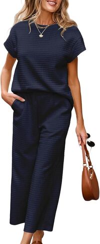 SHEWIN Womens Two Piece Spring Outfits Sweatsuits Casual Pullover Tops and Wide Leg Sweatpant Lounge Sets in Kuwait