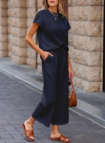 SHEWIN Womens Two Piece Spring Outfits Sweatsuits Casual Pullover Tops and Wide Leg Sweatpant Lounge Sets in Kuwait