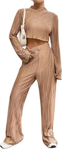 OYOANGLE Women's Two Piece Outfits Textured Mock Neck Long Sleeve Crop Tee Top and Flared Leg Pants Set in Saudi Arabia