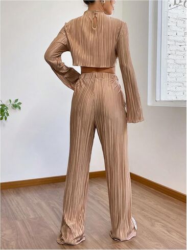 OYOANGLE Women's Two Piece Outfits Textured Mock Neck Long Sleeve Crop Tee Top and Flared Leg Pants Set in Saudi Arabia