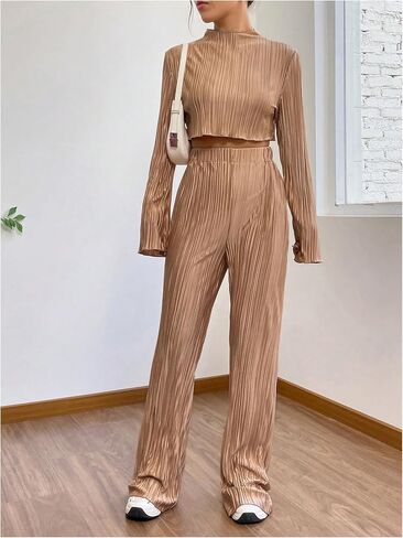 OYOANGLE Women's Two Piece Outfits Textured Mock Neck Long Sleeve Crop Tee Top and Flared Leg Pants Set in Saudi Arabia