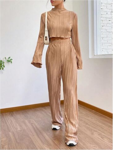 OYOANGLE Women's Two Piece Outfits Textured Mock Neck Long Sleeve Crop Tee Top and Flared Leg Pants Set in Saudi Arabia