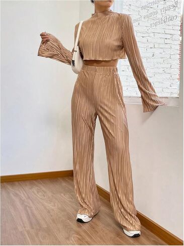 OYOANGLE Women's Two Piece Outfits Textured Mock Neck Long Sleeve Crop Tee Top and Flared Leg Pants Set in Saudi Arabia