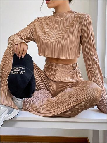 OYOANGLE Women's Two Piece Outfits Textured Mock Neck Long Sleeve Crop Tee Top and Flared Leg Pants Set in Saudi Arabia
