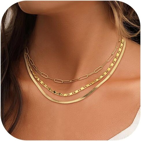 Gold Layered Necklace For Women Trendy - Dainty 14K Gold Plated Chain Necklace Woman Non Tarnish Gold Necklaces Set Stack Waterproof Gold Jewelry for Women 3Pcs Separated Adjustable Necklaces with 2" Extension Snake Paperclip Chain Necklace in Saudi Arabia