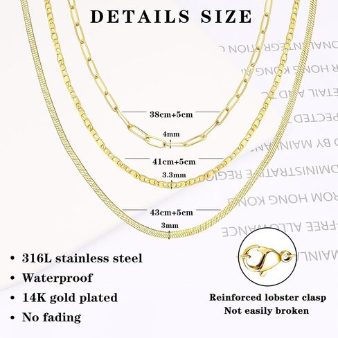 Gold Layered Necklace For Women Trendy - Dainty 14K Gold Plated Chain Necklace Woman Non Tarnish Gold Necklaces Set Stack Waterproof Gold Jewelry for Women 3Pcs Separated Adjustable Necklaces with 2" Extension Snake Paperclip Chain Necklace in Saudi Arabia