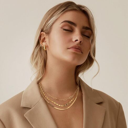 Gold Layered Necklace For Women Trendy - Dainty 14K Gold Plated Chain Necklace Woman Non Tarnish Gold Necklaces Set Stack Waterproof Gold Jewelry for Women 3Pcs Separated Adjustable Necklaces with 2" Extension Snake Paperclip Chain Necklace in Saudi Arabia