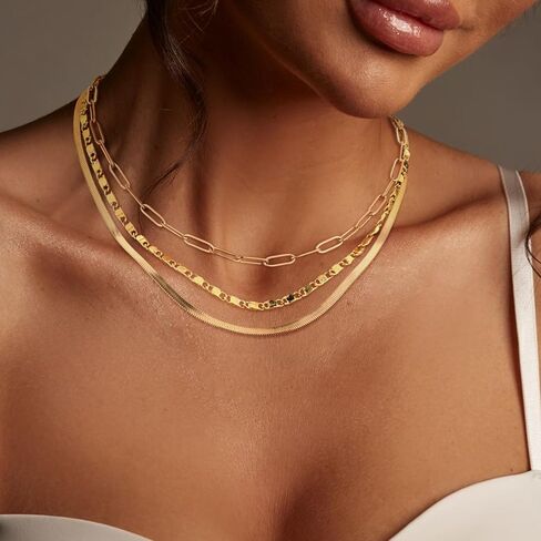 Gold Layered Necklace For Women Trendy - Dainty 14K Gold Plated Chain Necklace Woman Non Tarnish Gold Necklaces Set Stack Waterproof Gold Jewelry for Women 3Pcs Separated Adjustable Necklaces with 2" Extension Snake Paperclip Chain Necklace in Saudi Arabia