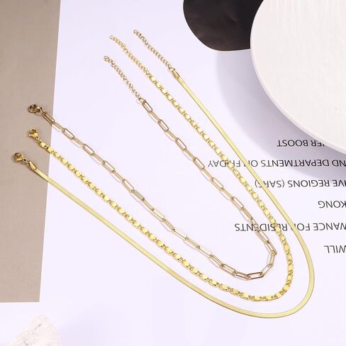 Gold Layered Necklace For Women Trendy - Dainty 14K Gold Plated Chain Necklace Woman Non Tarnish Gold Necklaces Set Stack Waterproof Gold Jewelry for Women 3Pcs Separated Adjustable Necklaces with 2" Extension Snake Paperclip Chain Necklace in Saudi Arabia