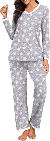 BISHUIGE Womens Casual Contrasting Colors Pajamas Set With Pockets Long Sleeve V Neck Tops For Soft And Comfortable Pants Set in Kuwait