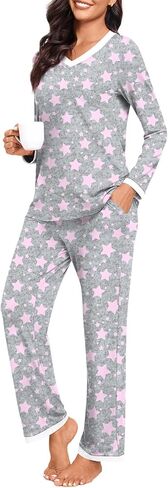 BISHUIGE Womens Casual Contrasting Colors Pajamas Set With Pockets Long Sleeve V Neck Tops For Soft And Comfortable Pants Set in Kuwait