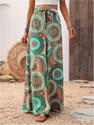 Floerns Women's Boho Tribal Print Wide Leg Knot High Waist Extra Long Palazzo Pants in Saudi Arabia