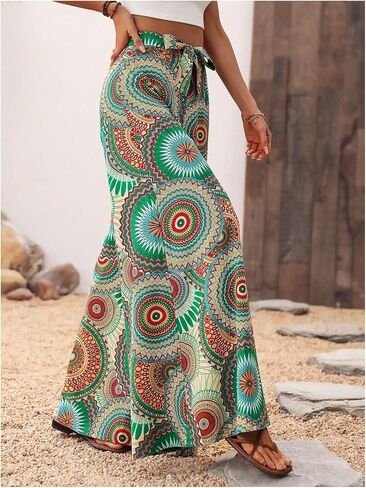 Floerns Women's Boho Tribal Print Wide Leg Knot High Waist Extra Long Palazzo Pants in Saudi Arabia