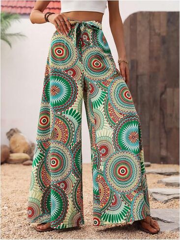 Floerns Women's Boho Tribal Print Wide Leg Knot High Waist Extra Long Palazzo Pants in Saudi Arabia