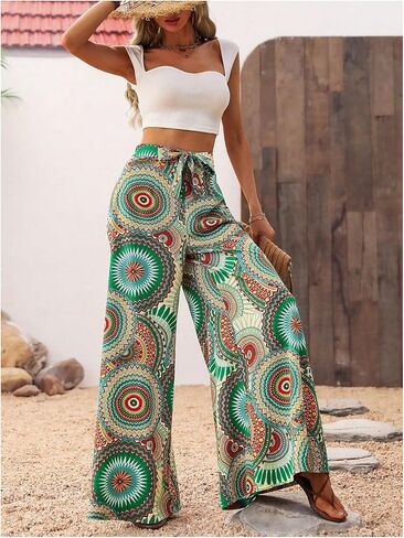 Floerns Women's Boho Tribal Print Wide Leg Knot High Waist Extra Long Palazzo Pants in Saudi Arabia