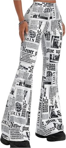WDIRARA Women's Plus Size Newspaper Print Flare Pants High Waist Causal Long Pants Streetwear in Saudi Arabia