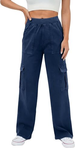 viehunt Womens Casual Mid Rise Cargo Pants Stretchy Knit Jeans with Pockets in Saudi Arabia