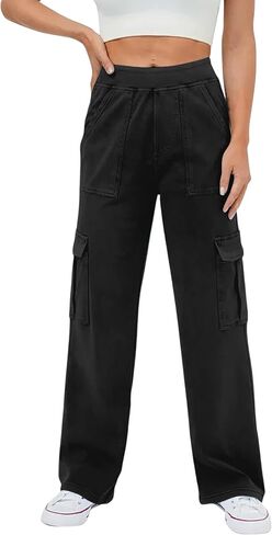 viehunt Womens Casual Mid Rise Cargo Pants Stretchy Knit Jeans with Pockets in Saudi Arabia