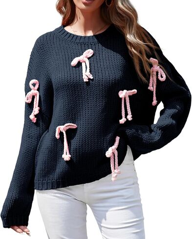 Saodimallsu Womens Bow Sweater Chunky Knit Crew Neck Long Sleeve Y2k Drop Shoulder Pullover Jumpers in Saudi Arabia