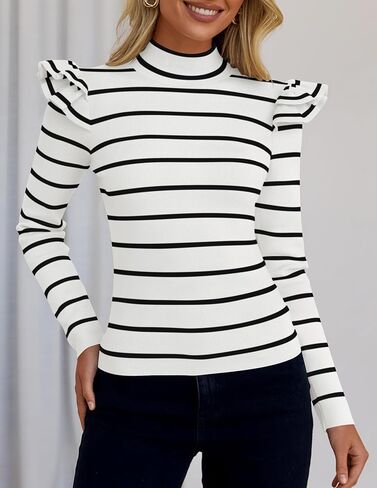 ZESICA إمرأة مخطط كشكش كم طويل بلايز الخريف الياقة المدورة مضلع متماسكة سليم صالح الأساسية قميص بلوزة كاجوال سترة in Kuwait