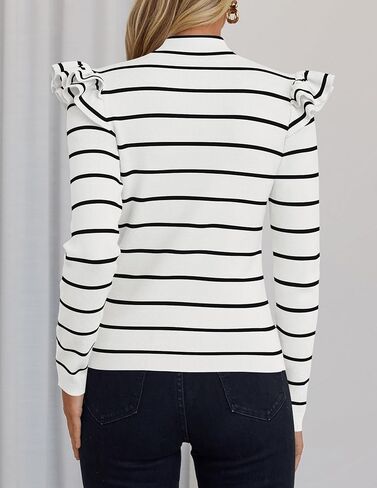 ZESICA إمرأة مخطط كشكش كم طويل بلايز الخريف الياقة المدورة مضلع متماسكة سليم صالح الأساسية قميص بلوزة كاجوال سترة in Kuwait