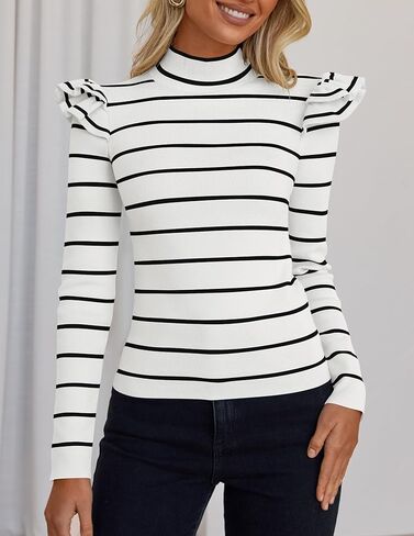 ZESICA إمرأة مخطط كشكش كم طويل بلايز الخريف الياقة المدورة مضلع متماسكة سليم صالح الأساسية قميص بلوزة كاجوال سترة in Kuwait